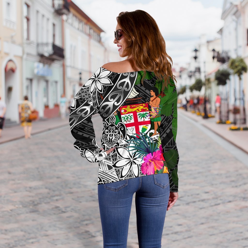 Fiji Off Shoulder Sweater - Turtle Plumeria Banana Leaf Crest - Polynesian Pride