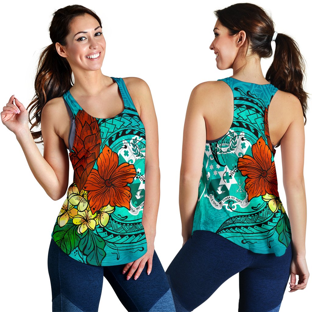 Tonga Women's Racerback Tank - Tropical Flowers Style Blue - Polynesian Pride