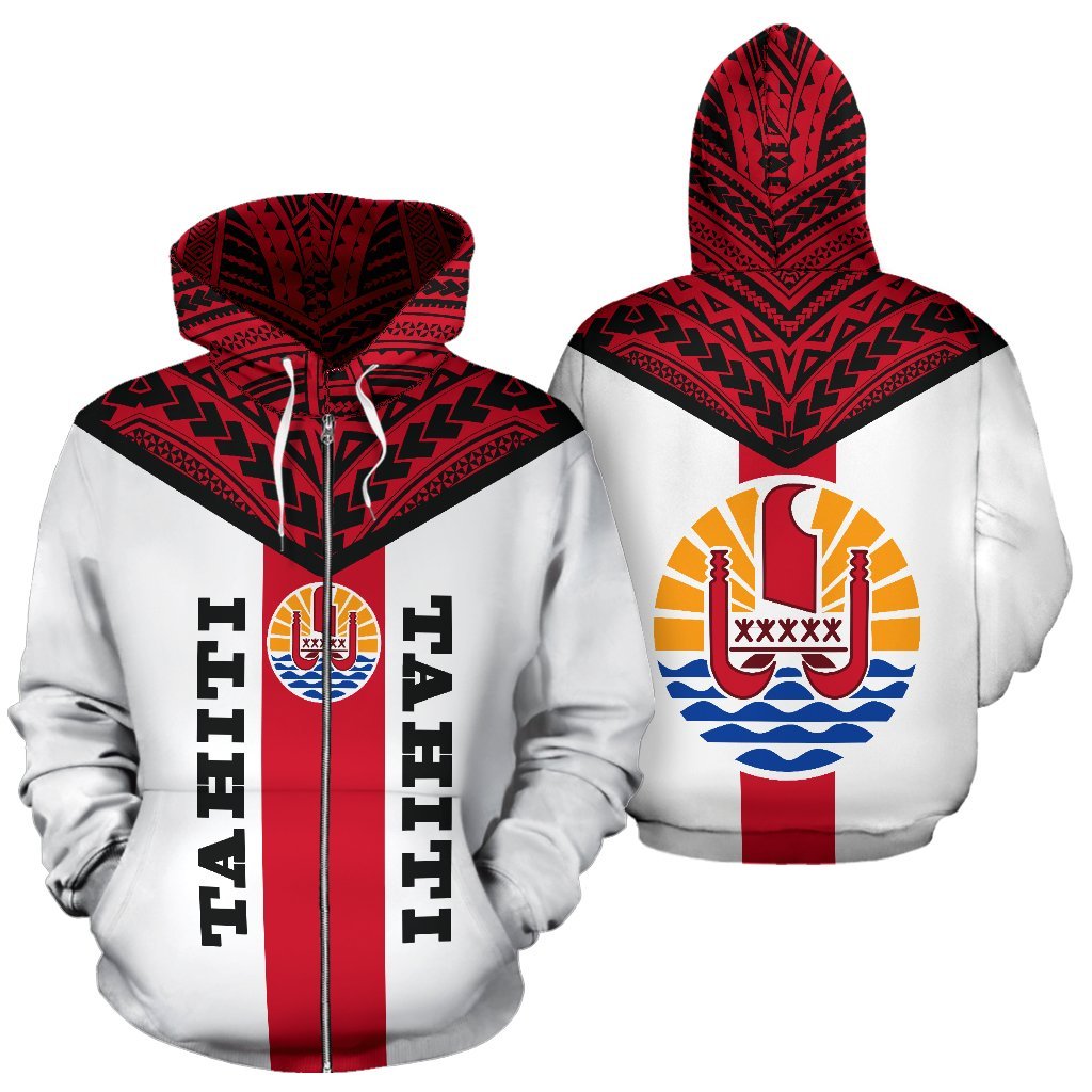 Tahiti Zip Hoodie Tahiti Flag Polynesian Tattoo Original Version Unisex White - Polynesian Pride