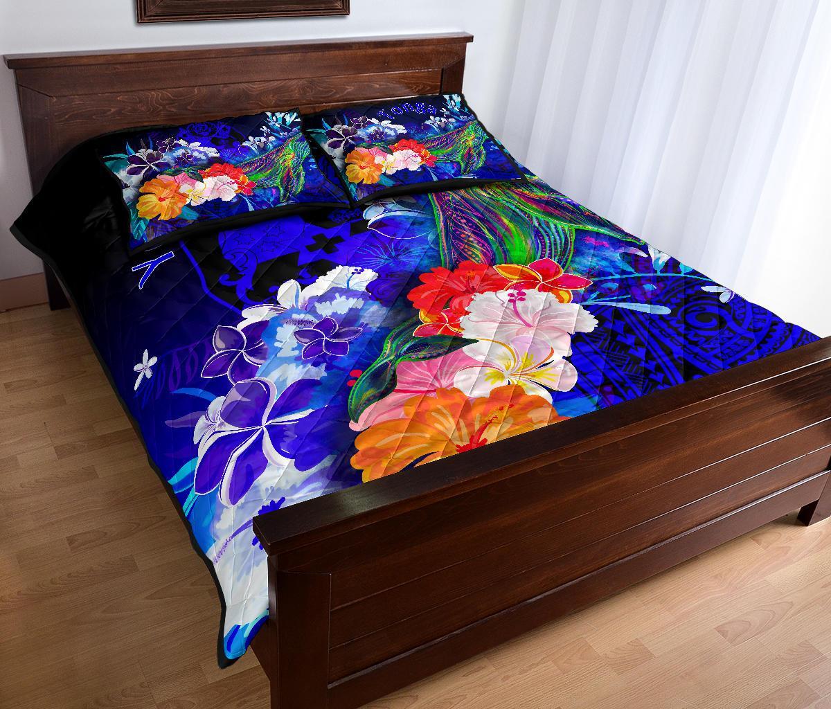 Tonga Custom Personalised Quilt Bed Set - Humpback Whale with Tropical Flowers (Blue) - Polynesian Pride