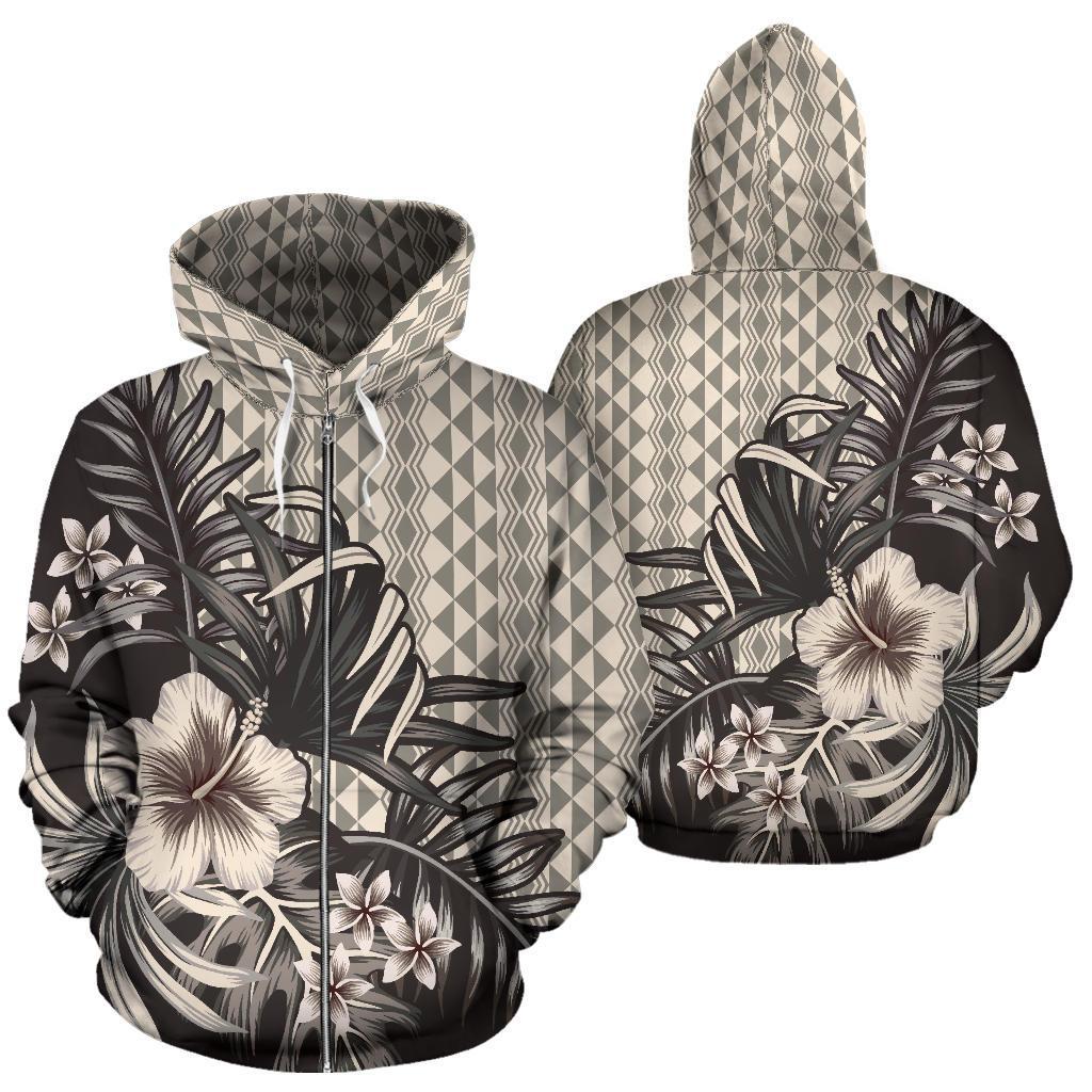 Hawaiian Zip Hoodie Hibiscus Plumeria Palm A0 Unisex Beige - Polynesian Pride