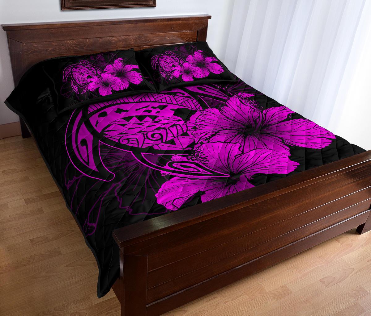 Hawaiian Map Turtle Hibiscus Polynesian Quilt Bedding Set - Violet - Polynesian Pride