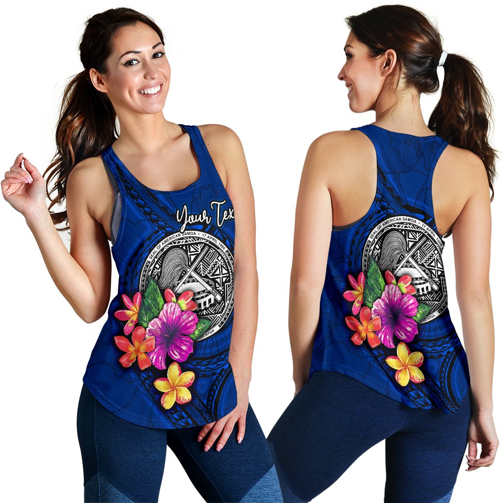 American Samoa Polynesian Custom Personalised Women's Racerback Tank - Floral With Seal Blue Blue - Polynesian Pride