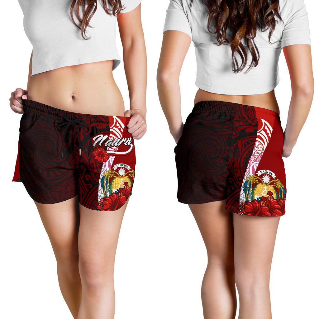 Nauru Polynesian Women's Shorts - Coat Of Arm With Hibiscus Women Red - Polynesian Pride