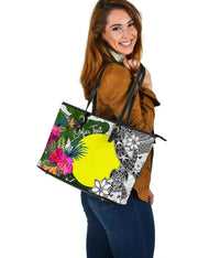 Palau Custom Personalised Large Leather Tote White - Turtle Plumeria Banana Leaf - Polynesian Pride