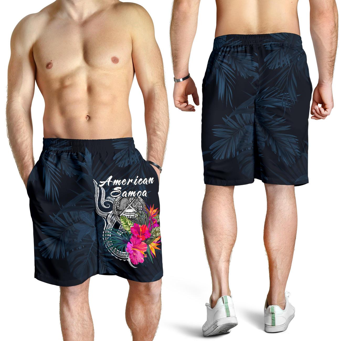 American Samoa Polynesian All Over Print Men's Shorts - Tropical Flower Blue - Polynesian Pride