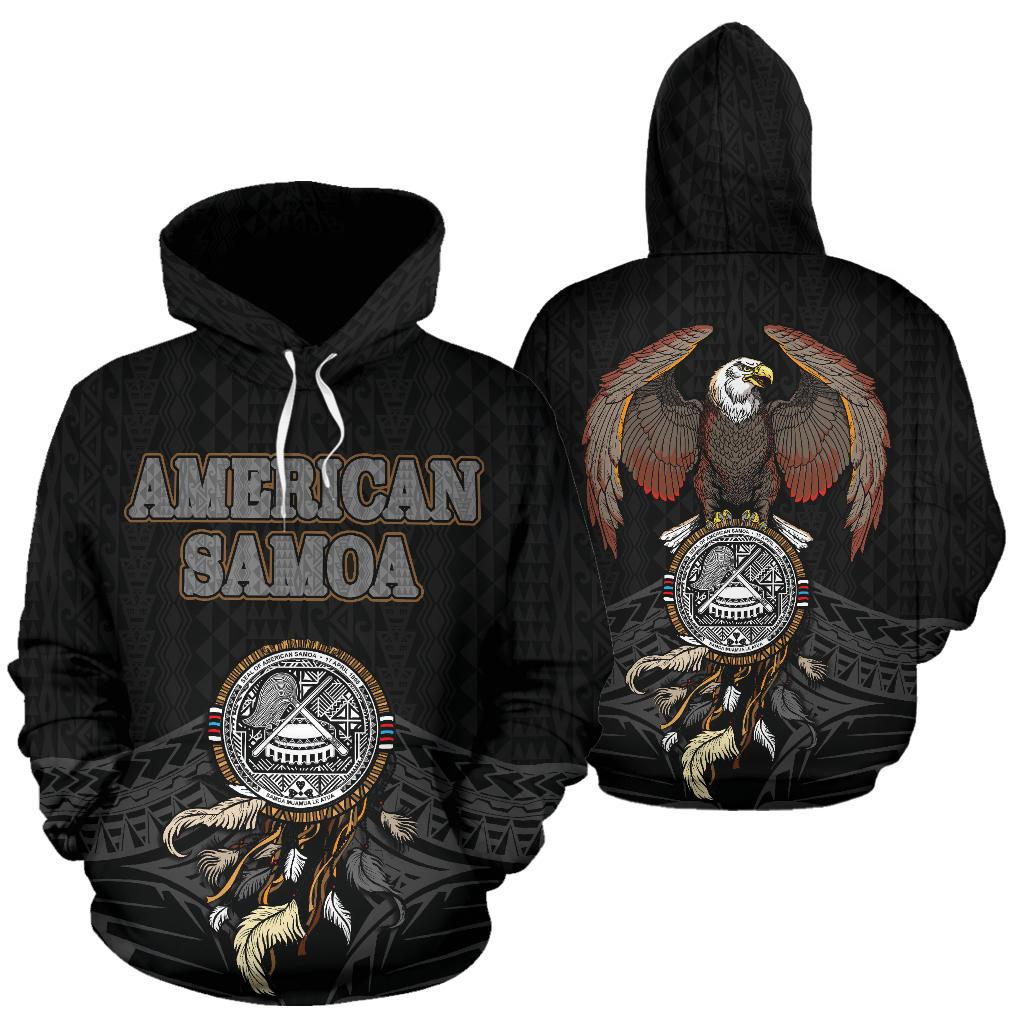 American Samoa Polynesian Hoodie Eagle nd Dream Catcher Unisex Black - Polynesian Pride