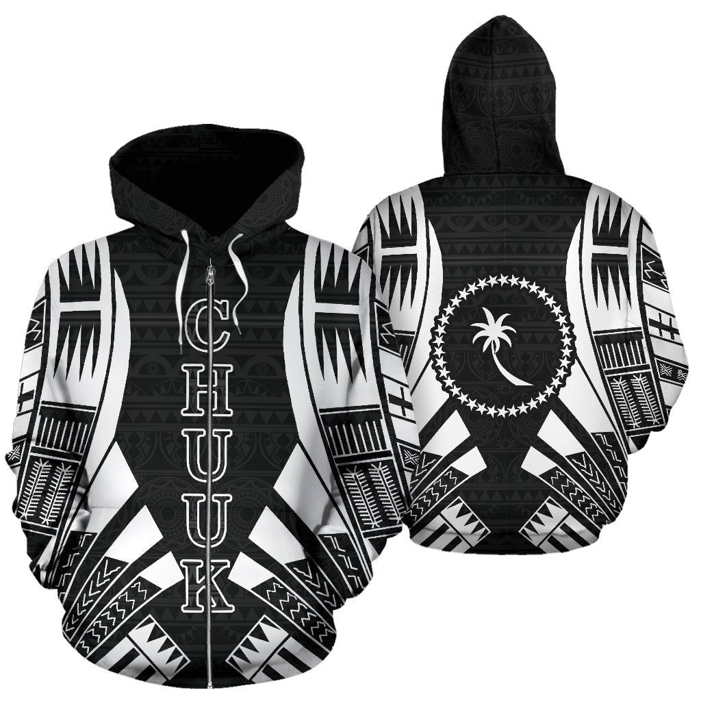 Chuuk All Over Zip up Hoodie Black Tattoo Style Unisex Black - Polynesian Pride