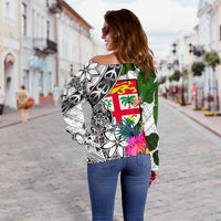 Fiji Women's Off Shoulder Sweater White - Turtle Plumeria Banana Leaf - Polynesian Pride