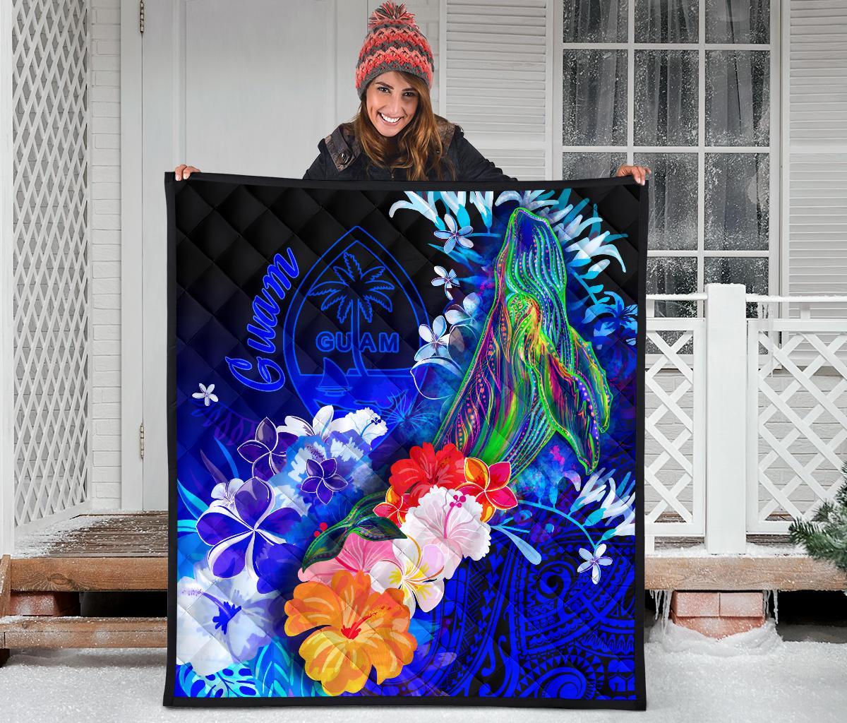 Guam Premium Quilt - Humpback Whale with Tropical Flowers (Blue) - Polynesian Pride