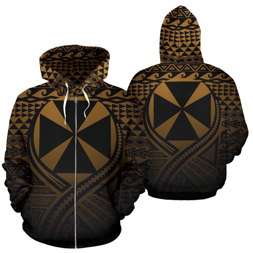 Wallis and Futuna All Over Zip up Hoodie Lift up Gold Unisex Gold - Polynesian Pride