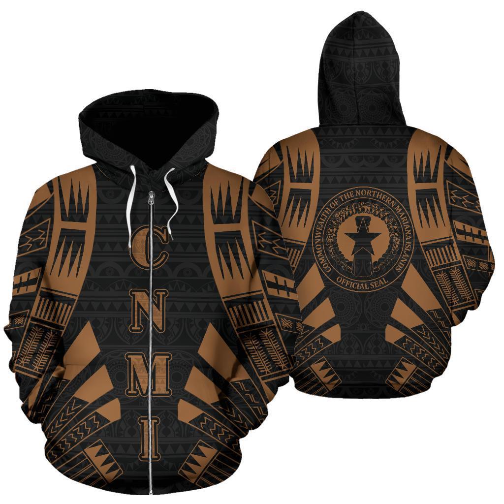 CNMI All Over Zip up Hoodie Brown Tattoo Style Unisex Black - Polynesian Pride