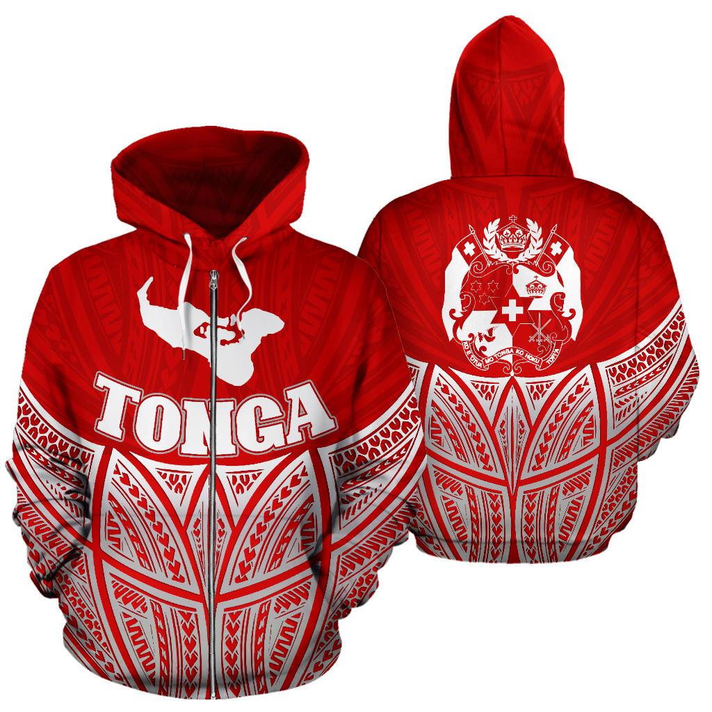 Tonga Polynesian Zip up Hoodie Red Pride Map and Seal Unisex Red - Polynesian Pride