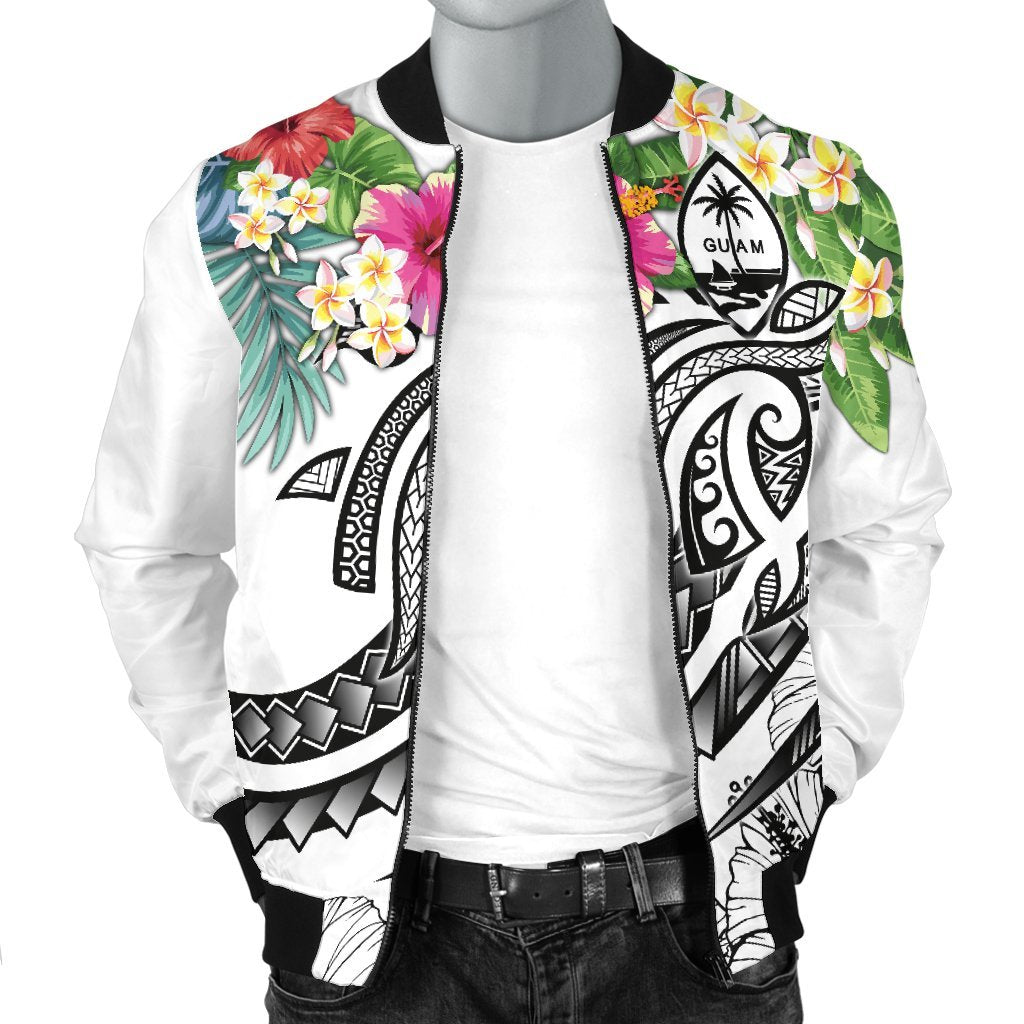 Guam Polynesian Men's Bomber Jacket - Summer Plumeria (White) - Polynesian Pride