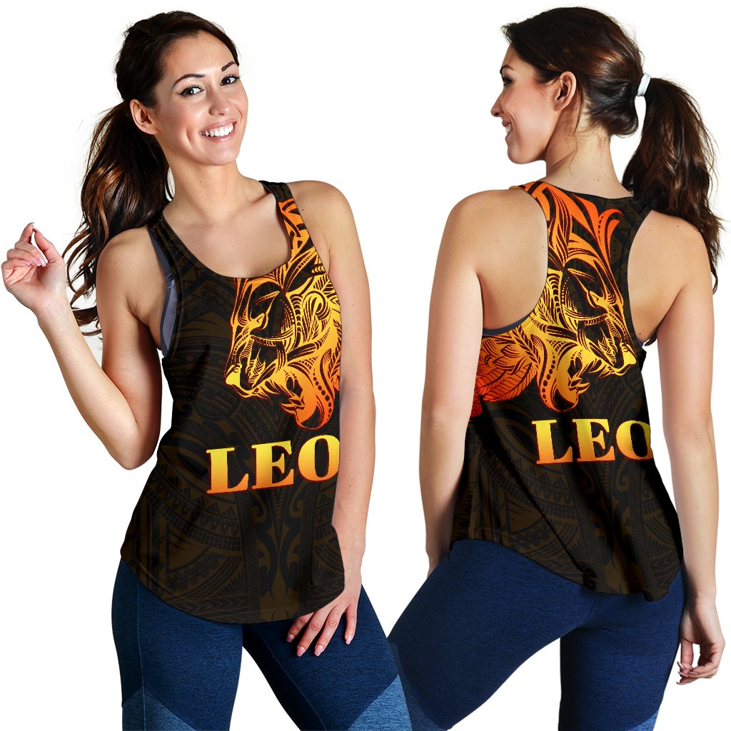 Sun In Leo Zodiac Women Racerback Tank Polynesian Tattoo Simple - Orange Black - Polynesian Pride