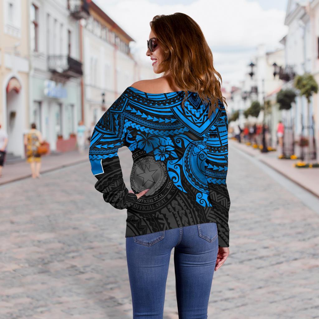 Northern Mariana Islands Polynesian Women's Off Shoulder Sweater - Blue Turtle - Polynesian Pride
