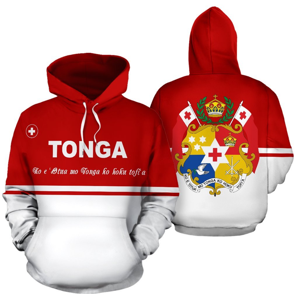 Tonga Hoodie Tonga Flag COat of Arms Ko E Otua Mo Tonga Ko Hoku Tofia Unisex Red Mix White - Polynesian Pride