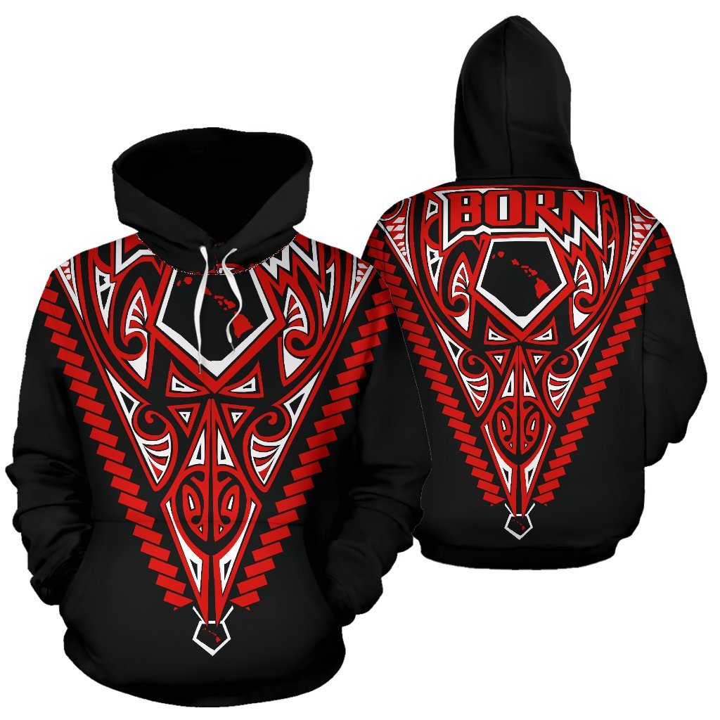 Born Hawaii Hoodie Map Polynesian Tattoo Unisex Red - Polynesian Pride