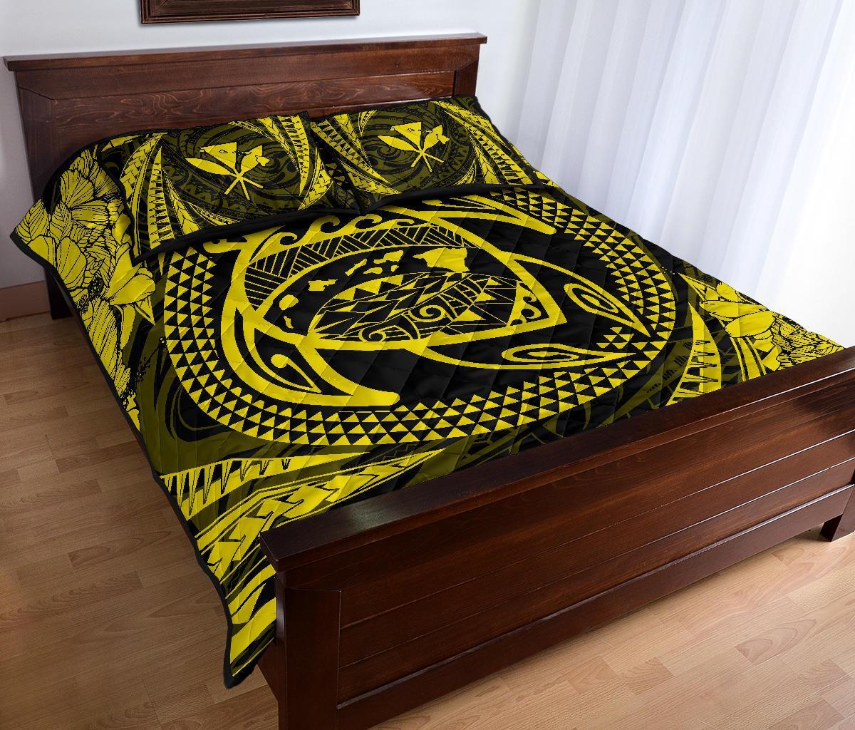 Hawaiian Kanaka Honu Hibiscus Tornando Yellow Polynesian Quilt Bed Set - Polynesian Pride