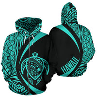 Polynesian Turtle Map of Hawaii Zip Hoodie Turquoise Circle Style Unisex Blue - Polynesian Pride