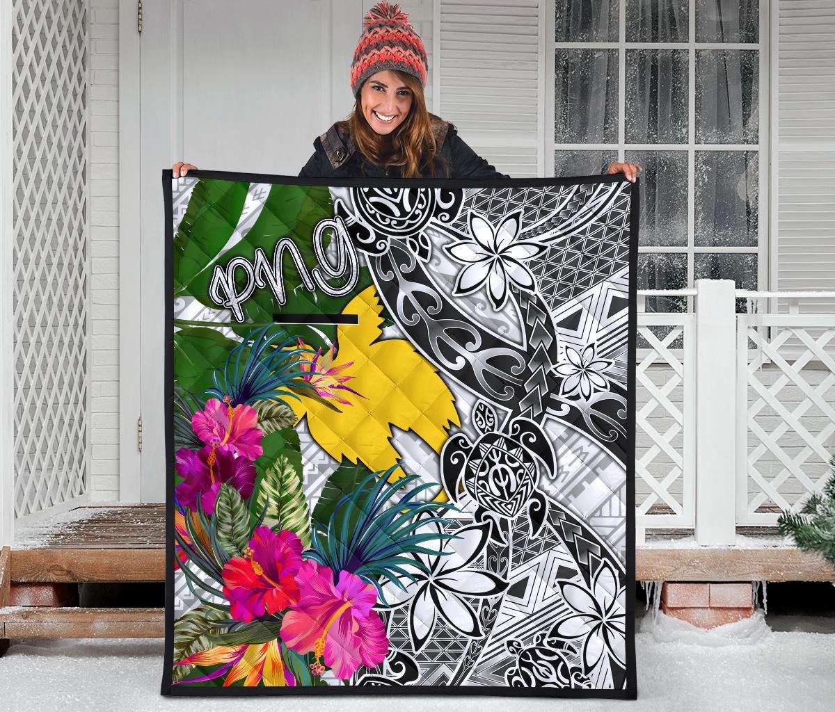 Papua New Guinea Premium Quilt White - Turtle Plumeria Banana Leaf - Polynesian Pride