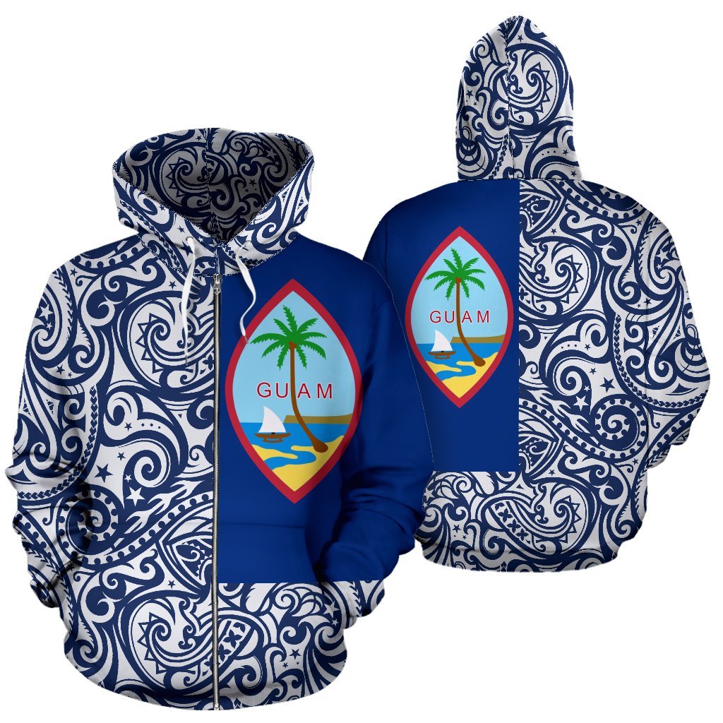 Guam Hoodie Guam Flag Polynesian Tattoo Half Unisex Blue - Polynesian Pride