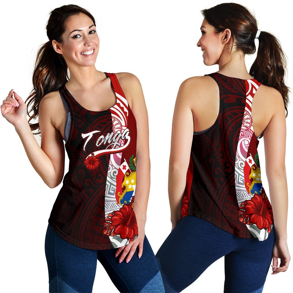 Tonga Polynesian Women's Racerback Tank - Coat Of Arm With Hibiscus Red - Polynesian Pride