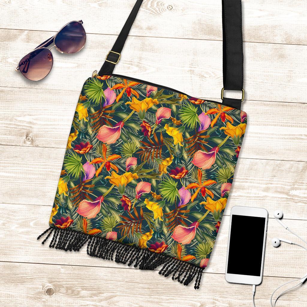 Hawaii Seamless Tropical Flower Plant And Leaf Pattern Crossbody Boho Handbag - Polynesian Pride