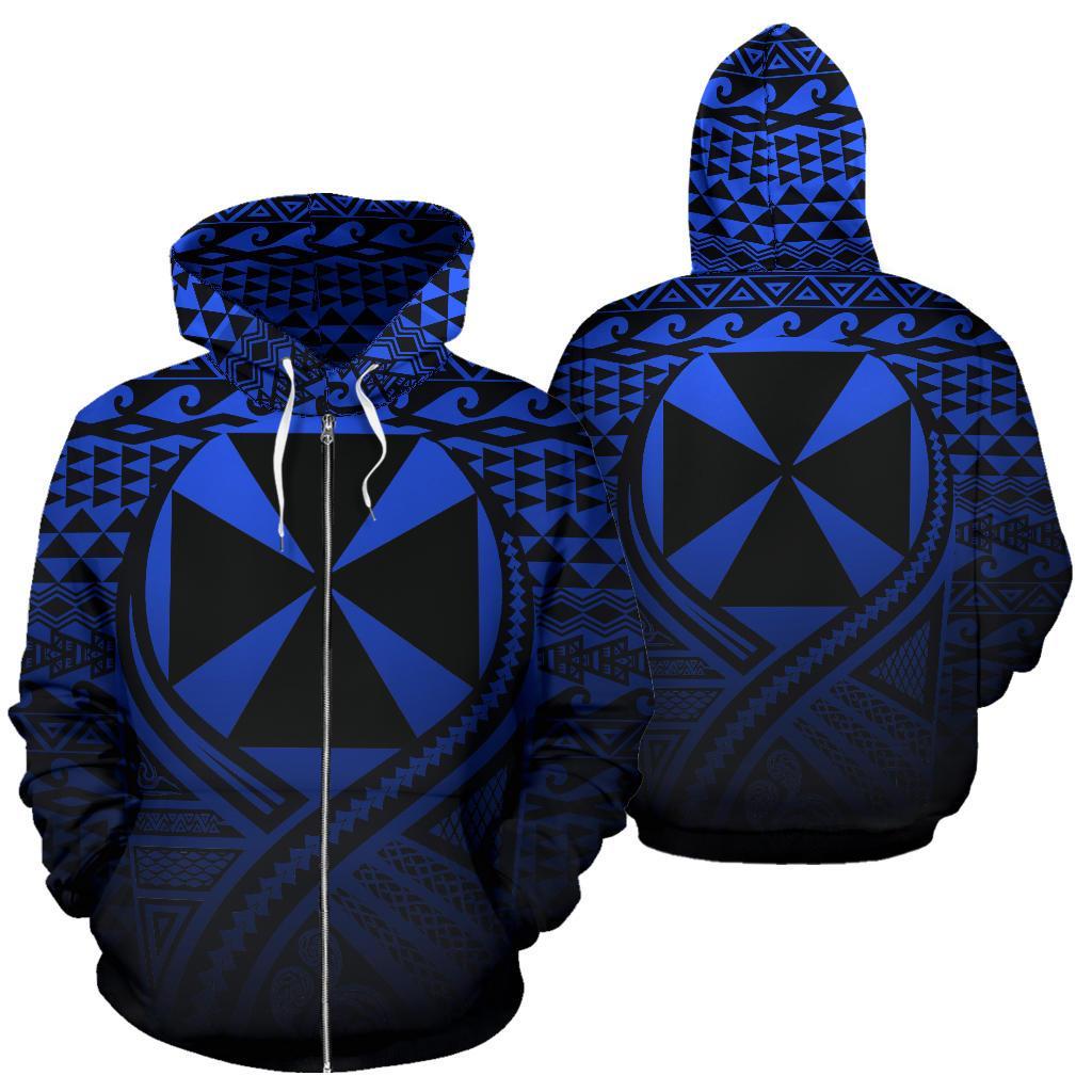 Wallis and Futuna All Over Zip up Hoodie Lift up Blue Unisex Blue - Polynesian Pride