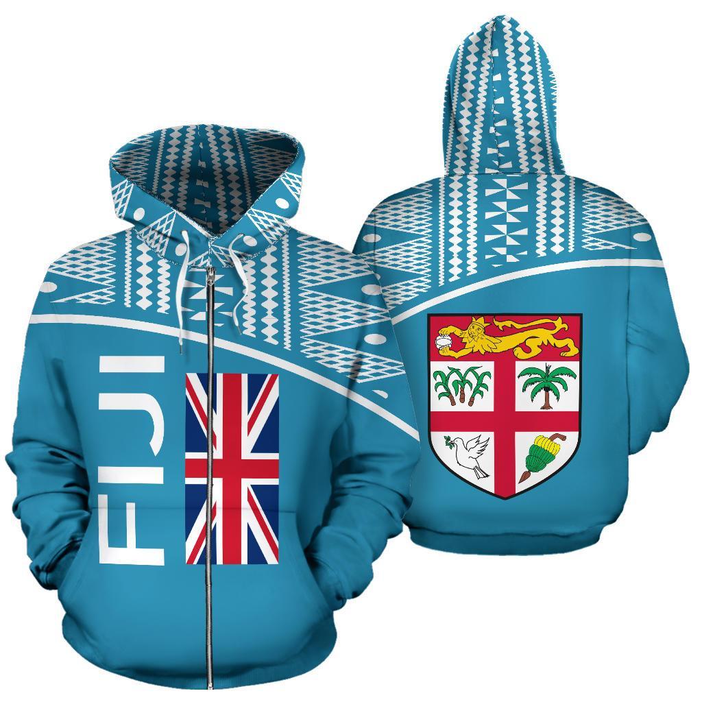 Fiji All Over Zip up Hoodie Tapa Curve Style Unisex Blue - Polynesian Pride