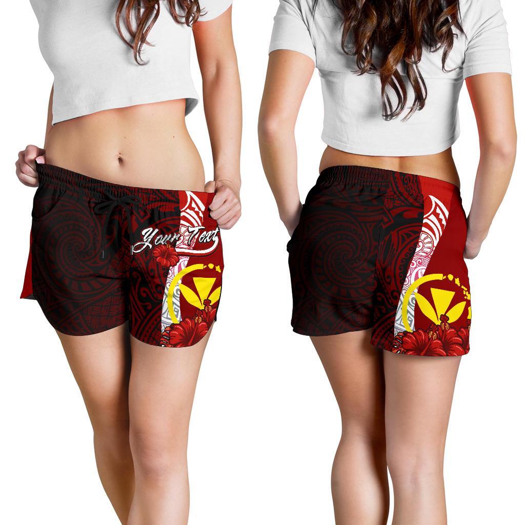 Hawaii Polynesian Custom Personalised Women's Shorts - Coat Of Arm With Hibiscus Women Red - Polynesian Pride