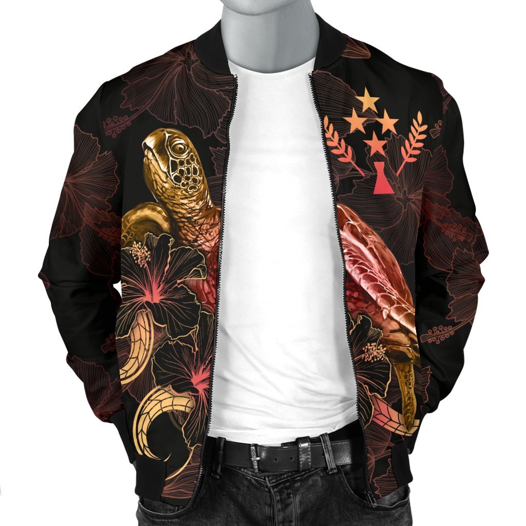 Kosrae Polynesian Men's Bomber Jacket - Turtle With Blooming Hibiscus Gold - Polynesian Pride