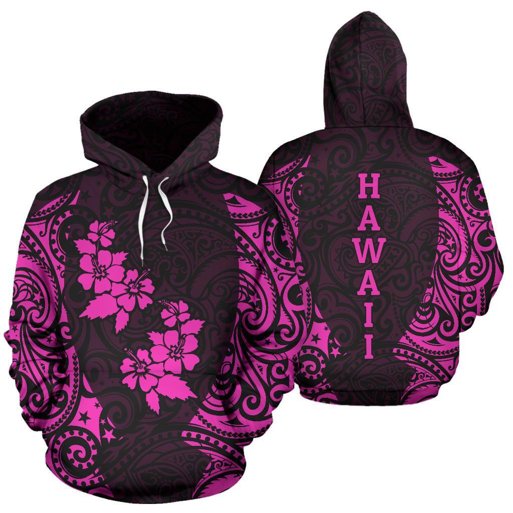 Hawaii Hoodie Hibiscus Polynesian Tattoo Pink Unisex Black - Polynesian Pride