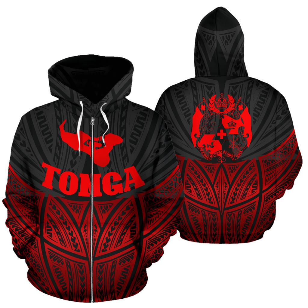 Tonga Polynesian Zip up Hoodie Red Black Pride Map and Seal Unisex Black - Polynesian Pride