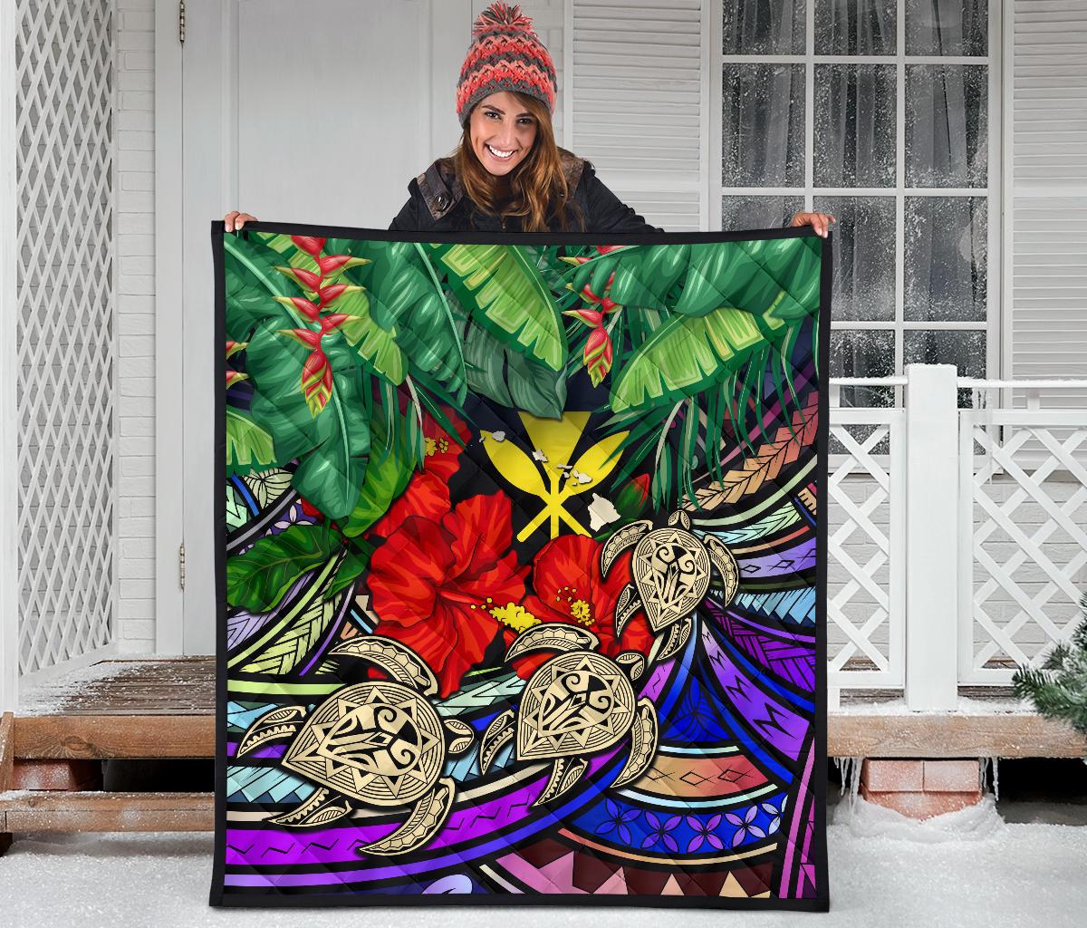 Kanaka Maoli (Hawaiian) Premium Quilt - Polynesian Turtle Colorful And Hibiscus - Polynesian Pride