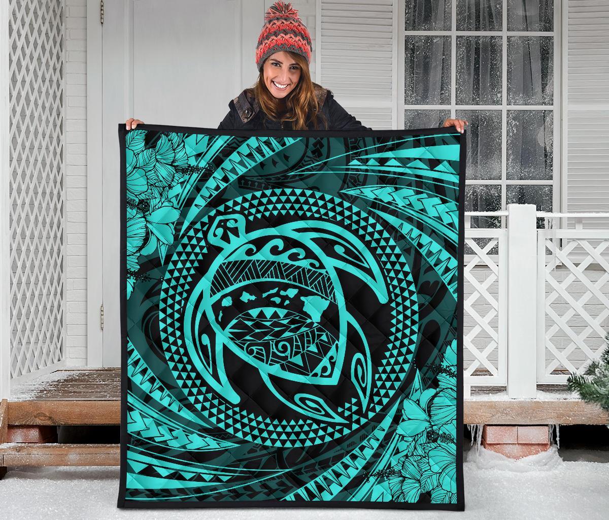 Hawaiian Kanaka Honu Hibiscus Tornando Turquoise Polynesian Premium Quilt - Polynesian Pride
