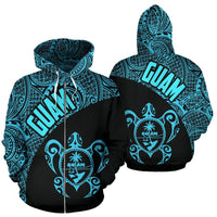Guam Zip up Hoodie Guam Coat of Arm In Turtle Polynesian Tattoo Blue Unisex Blue - Polynesian Pride