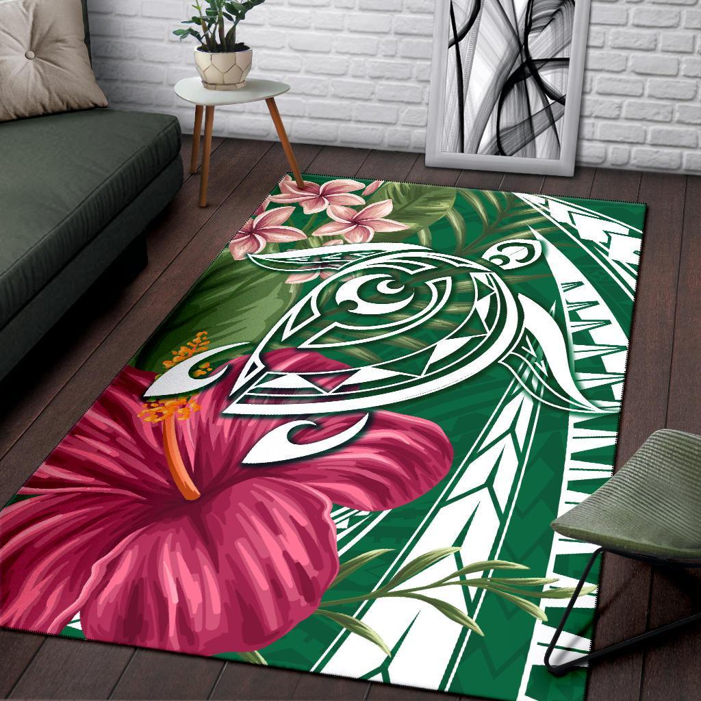 Hawaii Polynesian Turtle Tropical Hibiscus Plumeria Rug - Green - Polynesian Pride