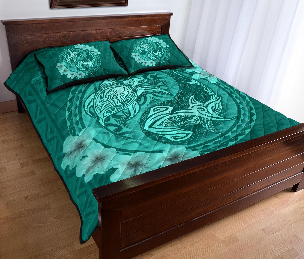 Hawaii Polynesian Turtle Tropical Hibiscus Plumeria Quilt Bet Set - Turquoise - Polynesian Pride