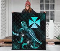 Wallis and Futuna Polynesian Premium Quilt - Turtle With Blooming Hibiscus Turquoise - Polynesian Pride