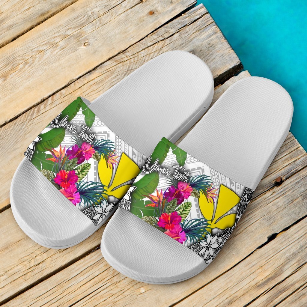 Hawaii Custom Personalised Slide Sandals White - Turtle Plumeria Banana Leaf - Polynesian Pride