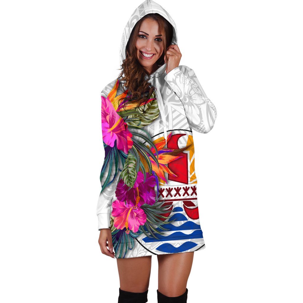 Tahiti Women's Hoodie Dress Polynesian Hibiscus White Pattern - Polynesian Pride