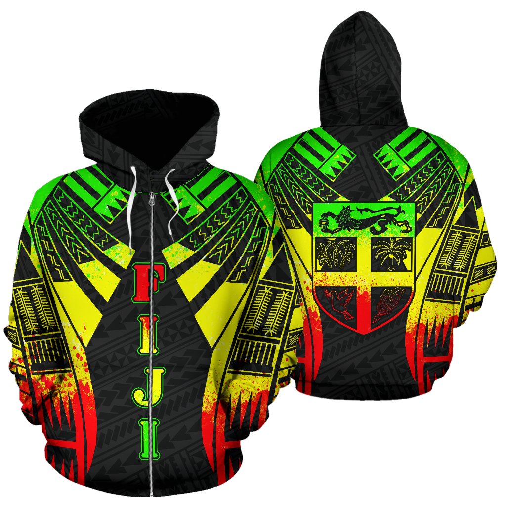 Fiji All Over Zip up Hoodie Reggae Color Tattoo Style Unisex Black - Polynesian Pride