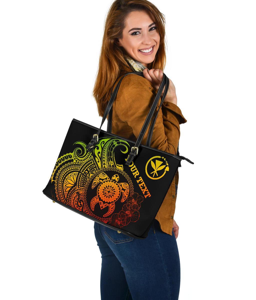 Hawaii Polynesian Personalised Large Leather Tote Bag - Vintage Polynesian Turtle (Reggae) - Polynesian Pride
