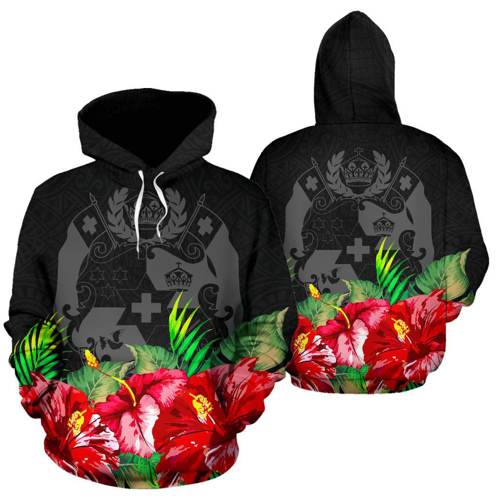 Tonga Polynesian Hoodie Black Hibiscus Unisex Black - Polynesian Pride