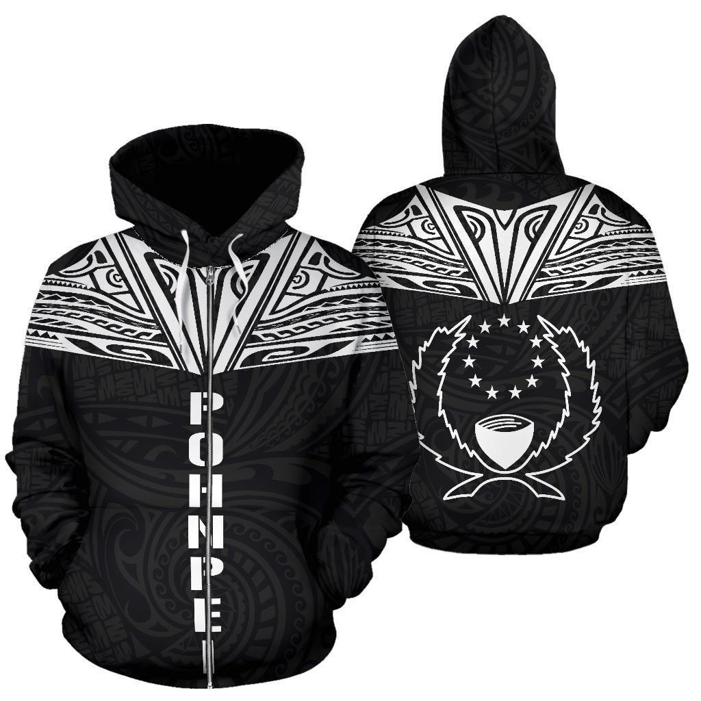Pohnpei All Over Zip up Hoodie Neck Style Unisex Black - Polynesian Pride