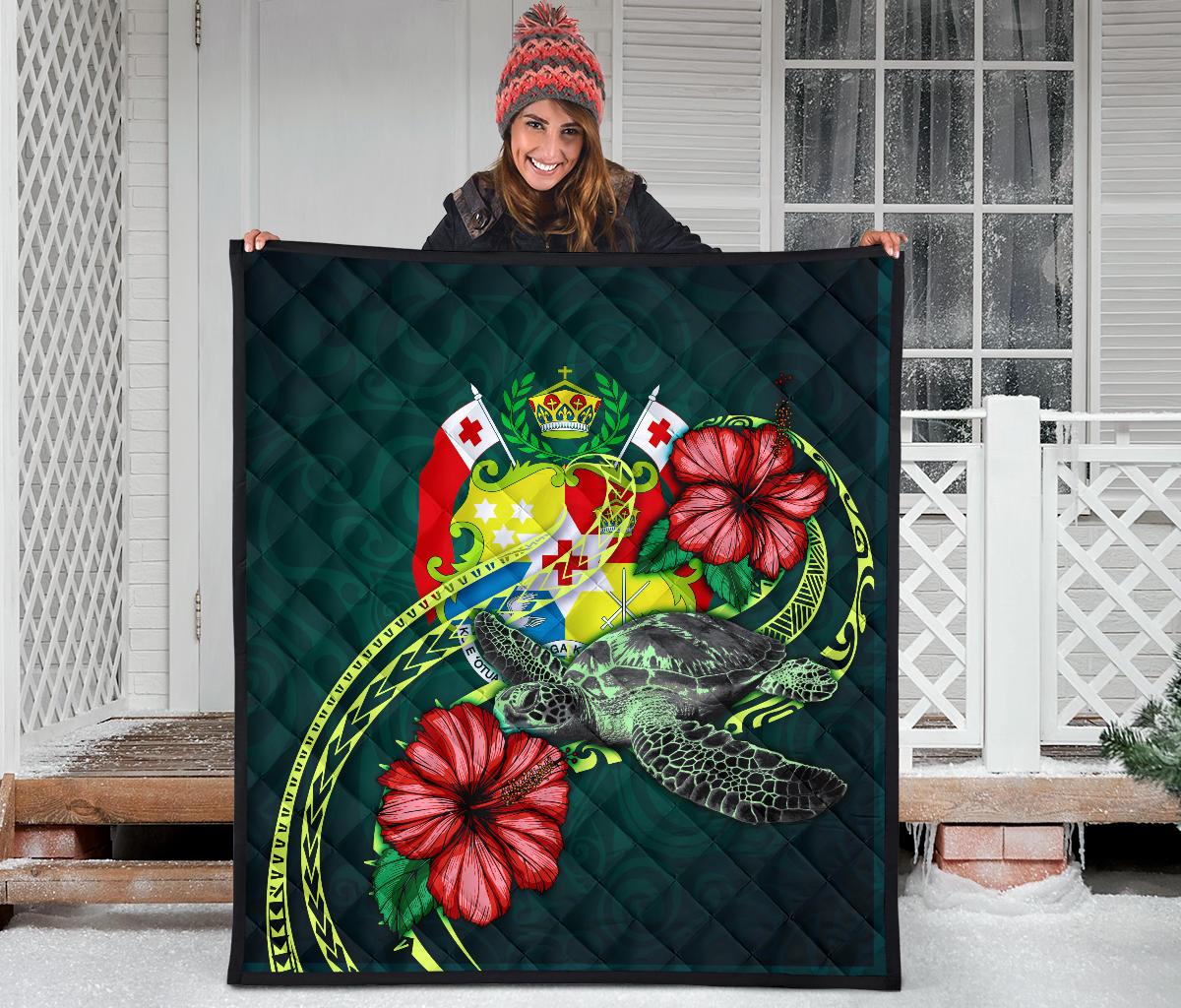 Tonga Polynesian Premium Quilt - Green Turtle Hibiscus - Polynesian Pride