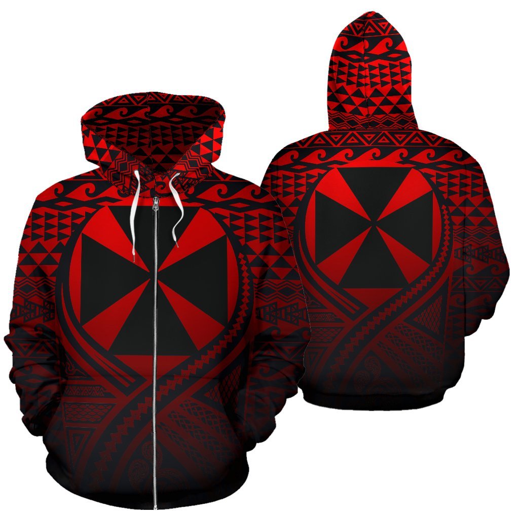 Wallis and Futuna All Over Zip up Hoodie Lift up Red Unisex Red - Polynesian Pride