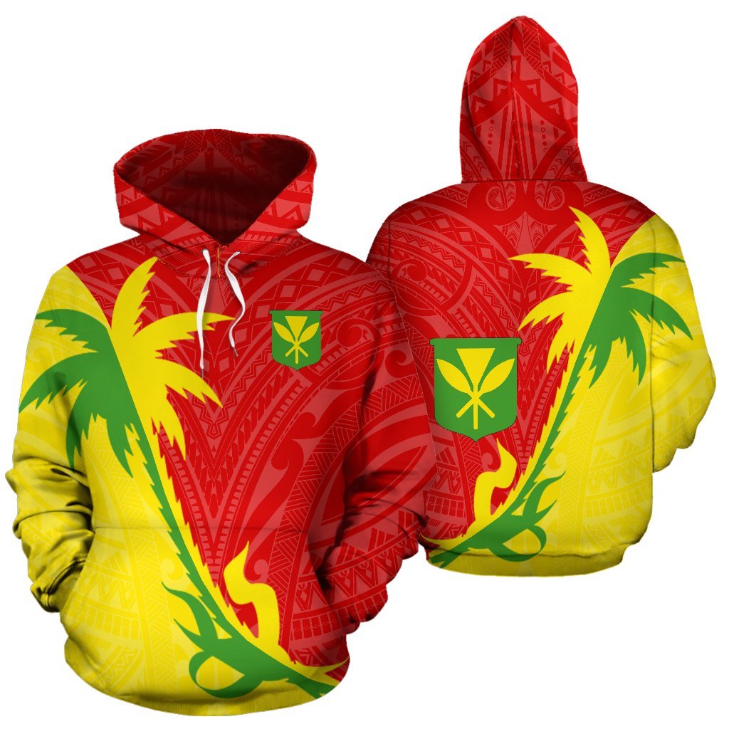 Hawaii Hoodie Kanaka Maoli Flag Coconut Tree Unisex Red Yellow & Green - Polynesian Pride