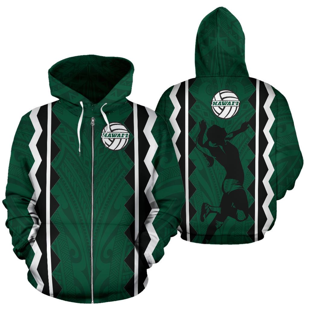 Polynesian Hawaii Womens Volleyball Team Supporter All Over Zip up Hoodie Unisex Green - Polynesian Pride